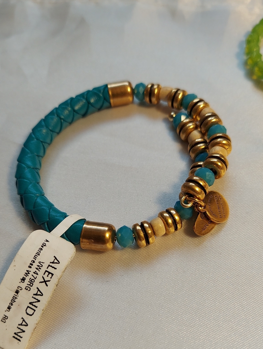 Alex & Ani Bracelet, NEW! Memory Wire, Tagged, Teal Goldtone Beads